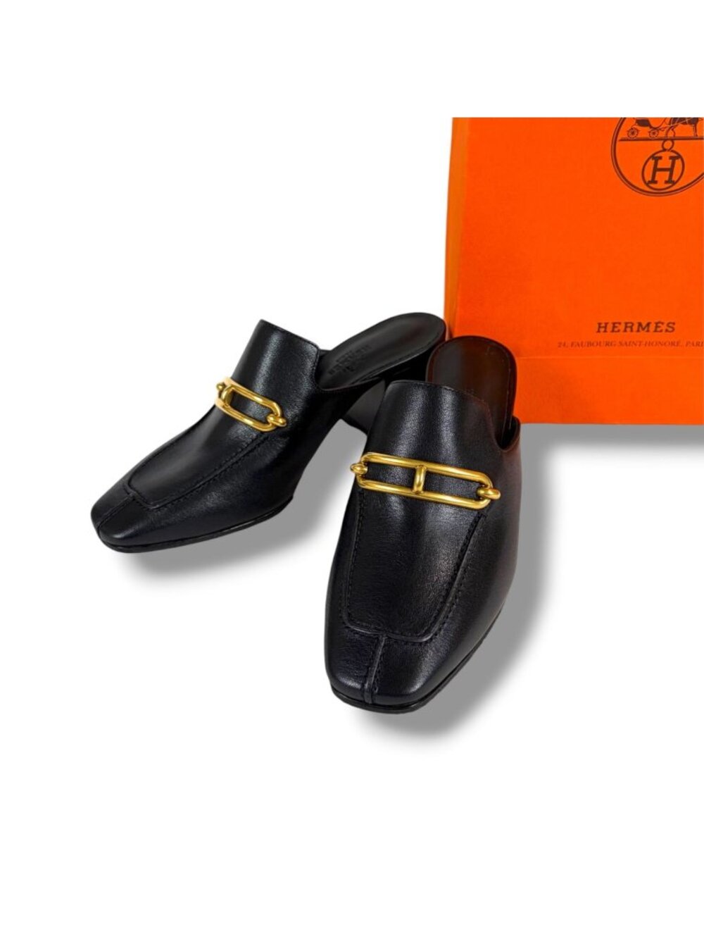 Hermes Gisele Mules 60 Noir Square Toe Sandals Black